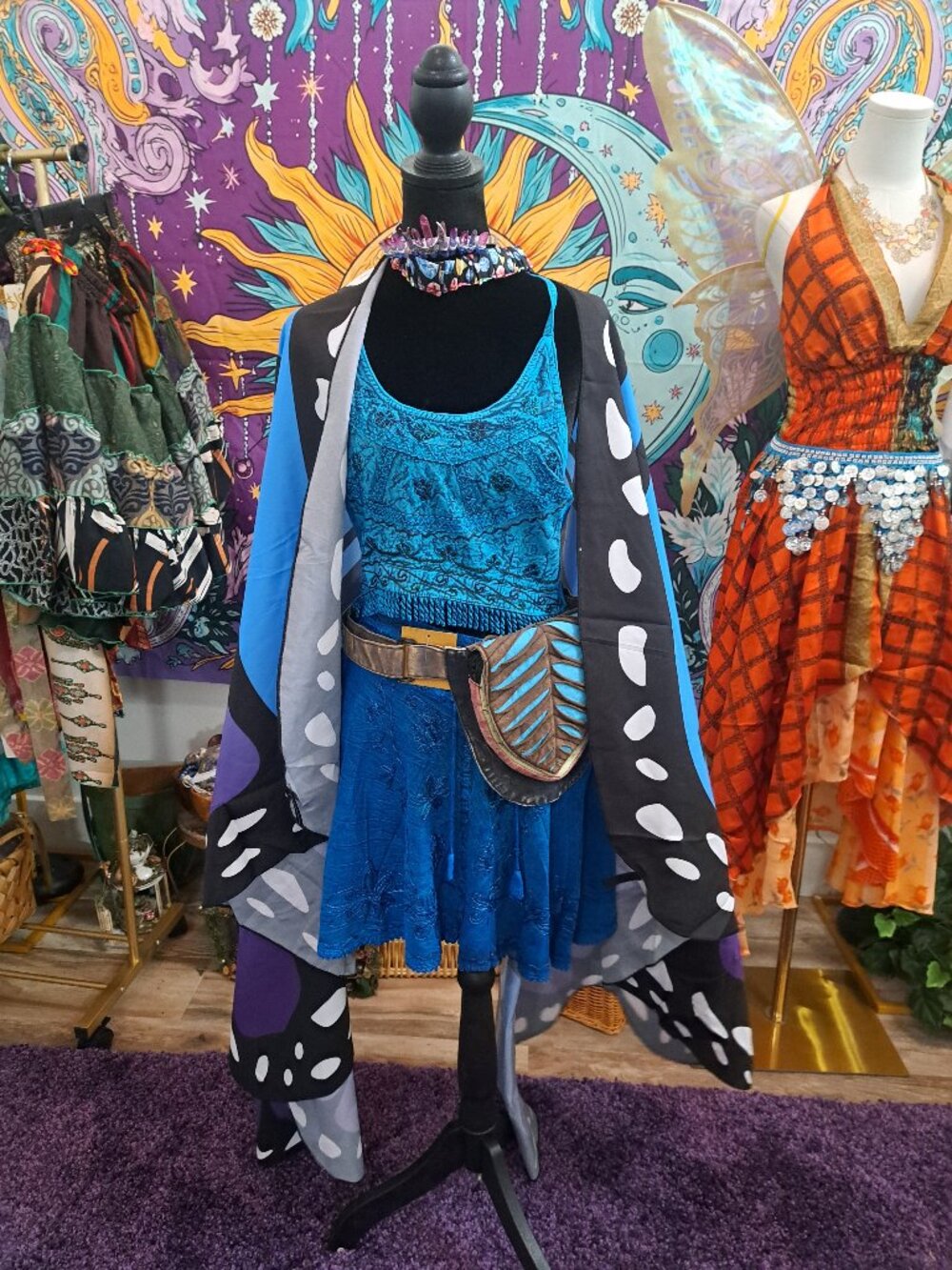 Moonwing Wayfinder Fairy Outfit | Blue Embroidered Dress, Butterfly Wings, Leaf